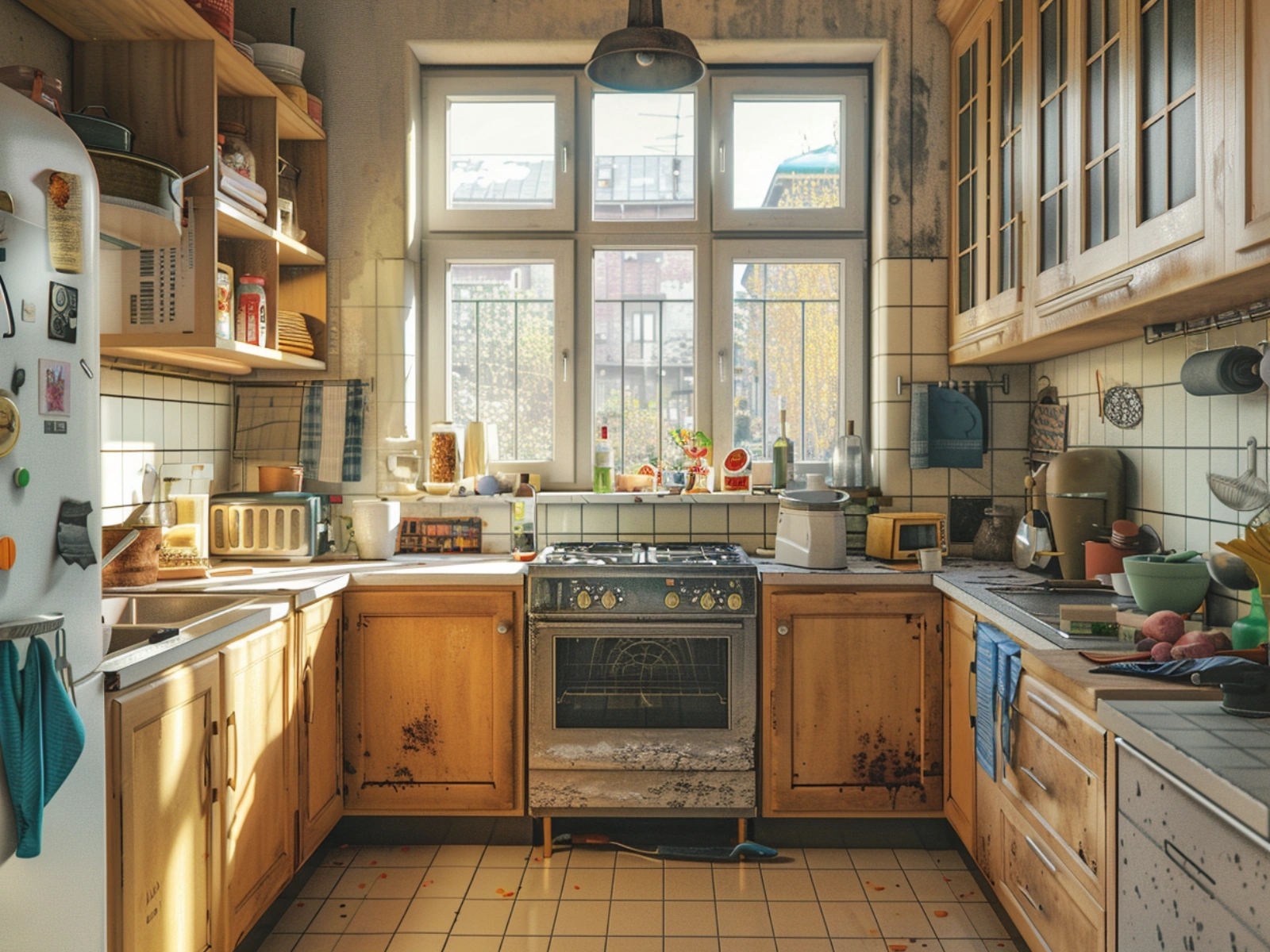 Dusty kitchen with greasy stovetop and cluttered benchtop before cleaning