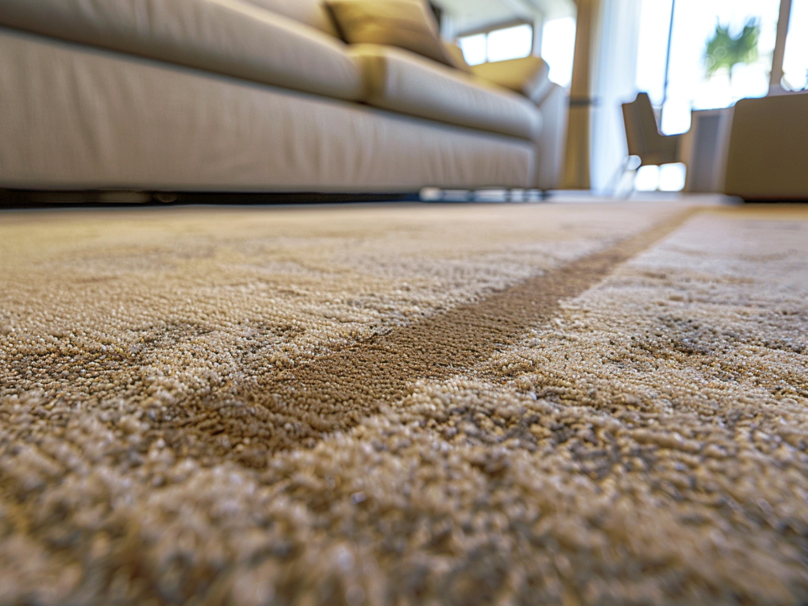 Stained living room carpet with dull fibers and visible dirt before cleaning